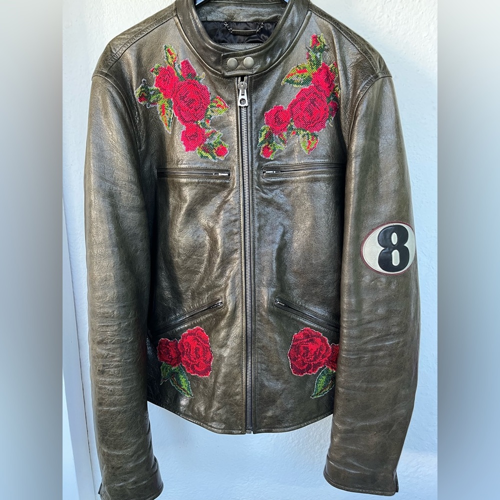 Dolce & Gabana Rose Patch Biker Jacket